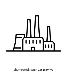 Factory icon. Power plant, enterprise. Black contour linear silhouette. Front view. Editable strokes. Vector simple flat graphic illustration. Isolated object on a white background. Isolate.