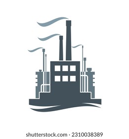 Factory icon, power plant industrial building with chimney smoke, vector symbol. Energy industry factory symbol, chemical refinery, oil gas pipeline plant, coal mine or metallurgy manufacture factory