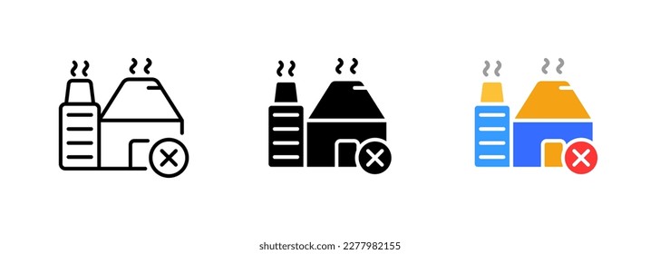 Factory icon with a red cross, indicating that the factory is closed or out of operation. Vector set of icons in line, black and colorful styles isolated.