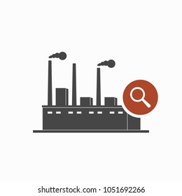 Factory icon with research sign. Factory icon and explore, find, inspect symbol. Vector icon