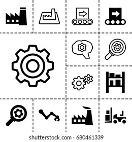Factory icon. set of 13 filled and outline factory icons such as factory, forklift, cargo barn, conveyor, robot arm