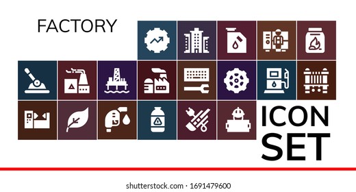 factory icon set. 19 filled factory icons. Included Gear, Control, Machine, Green energy, Gas fuel, Gas, Cutter, Worker, Factory, Oil pump, Configuration, Gas station, Sewing machine icons