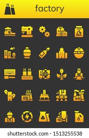 factory icon set. 26 filled factory icons.  Collection Of - Bungalow, Factory, Sewing machine, Cogwheel, Coal, Building, Gas, Oil, Worker, Configuration, Green energy, Oil pump icons