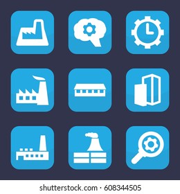 Factory icon. set of 9 filled factory icons such as factory, barn, clock in gear, building