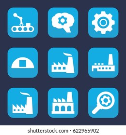Factory icon. set of 9 filled factory icons such as factory, cargo barn, gear