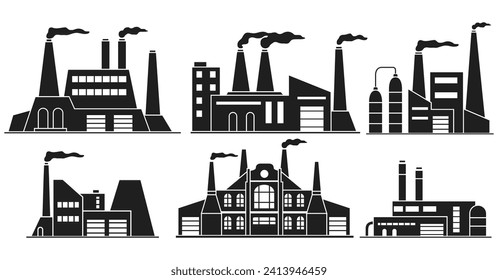 Factory icon set. Black silhouettes of manufacturing.Industrial zone.Power plants.Plant building architecture. Production facilities.Industrial factories.Old factory. Environmental pollution.