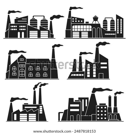 Factory icon set. Black silhouettes of manufacturing.Industrial zone.Power plants.Plant building architecture. Production facilities.Industrial factories.Old factory. Environmental pollution.
