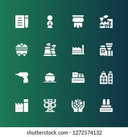 factory icon set. Collection of 16 filled factory icons included Factory, Ecology, Electric tower, Building, Coal, Driller, Machine, Pollution, Silkscreen, Draft