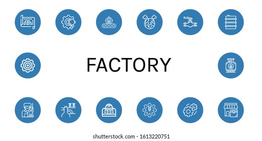 factory icon set. Collection of Blueprint, Gear, Production, Pollution, Valve, Oil, Worker, Power plant, Engineering, Shop, Tank icons