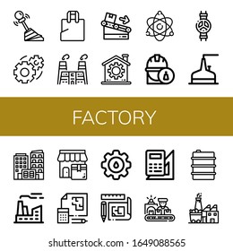 conjunto de iconos de fábrica. Colección de engranajes, bolsas plásticas, fábrica, distribuidor, energía atómica, ingeniero, válvula, tanque de almacenamiento, edificio, tienda, ciruela, rueda de coñac, ingeniería, iconos de trabajo