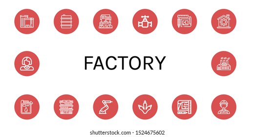 factory icon set. Collection of Factory, Oil, System, Valve, Blueprint, Gear, Building, Industrial robot, Claws, Worker icons