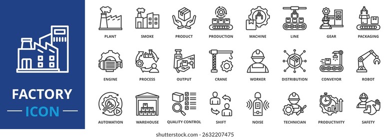 factory icon set collection in outline style. an icon pack contain plant, machine, smoke, gear, product, production, line, packaging, worker, robot