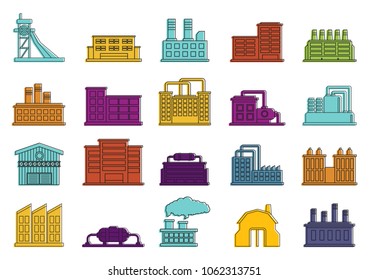 Factory icon set. Color outline set of factory vector icons for web design isolated on white background