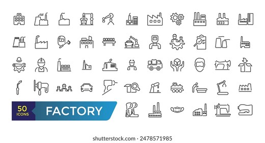 Factory icon set. Containing factory, eco factory, industrial robot, recycling plant. Collection and pack of linear web and ui icons. Editable stroke. Vector illustration