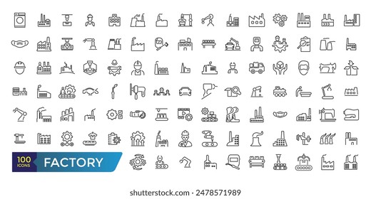 Factory icon set. Containing factory, eco factory, industrial robot, recycling plant. Collection and pack of linear web and ui icons. Editable stroke. Vector illustration