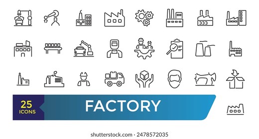 Werksseitig festgelegtes Symbol. Enthaltene Fabrik, Öko-Fabrik, Industrieroboter, Recycling-Anlage. Kollektion und Packung linearer Web- und UI-Symbole. Bearbeitbarer Strich. Vektorillustration