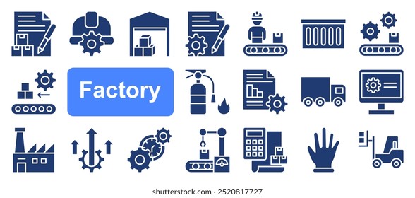 Factory icon set. Containing factory, eco factory, industrial robot, recycling plant. Collection and pack of linear web and ui icons. Editable stroke. Vector illustration