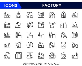 Factory icon set. Containing industry, production, machine, manufacture, warehouse, fabrication, goods and more. icons collection.