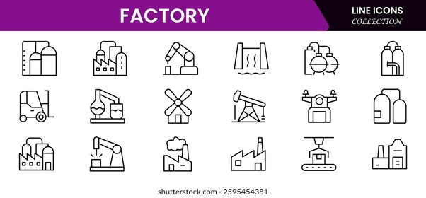 Factory icon set. Containing industry, production, machine, manufacture, warehouse, fabrication, goods and more. icons collection.