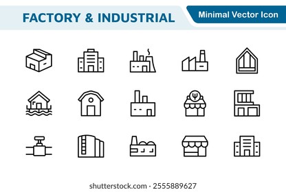 Factory Icon Set. A dynamic collection of icons representing manufacturing and industrial processes, perfect for engineering sectors to convey efficiency and innovation.