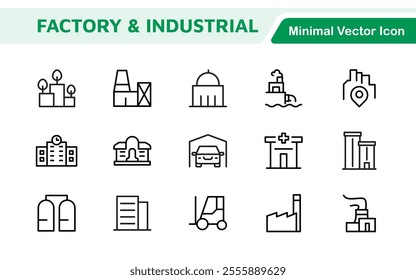 Factory Icon Set. A dynamic collection of icons representing manufacturing and industrial processes, perfect for engineering sectors to convey efficiency and innovation.