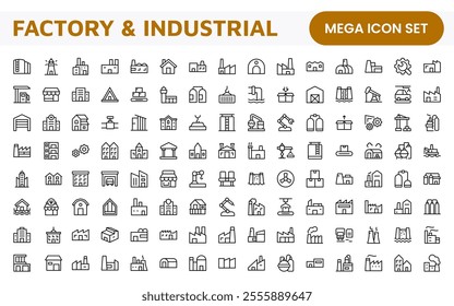 Factory Icon Set. A dynamic collection of icons representing manufacturing and industrial processes, perfect for engineering sectors to convey efficiency and innovation.