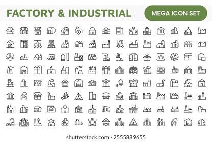 Factory Icon Set. A dynamic collection of icons representing manufacturing and industrial processes, perfect for engineering sectors to convey efficiency and innovation.