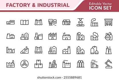 Factory Icon Set. A dynamic collection of icons representing manufacturing and industrial processes, perfect for engineering sectors to convey efficiency and innovation.