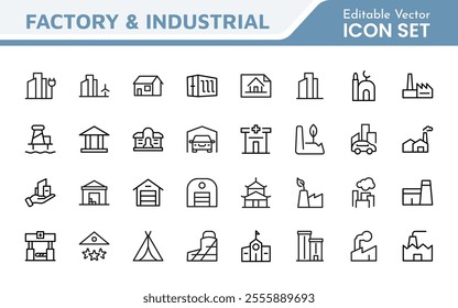 Factory Icon Set. A dynamic collection of icons representing manufacturing and industrial processes, perfect for engineering sectors to convey efficiency and innovation.