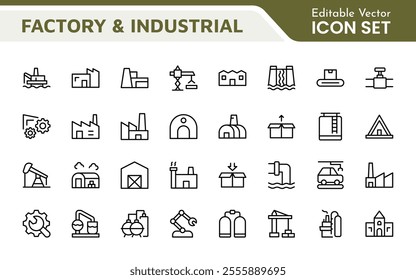 Factory Icon Set. A dynamic collection of icons representing manufacturing and industrial processes, perfect for engineering sectors to convey efficiency and innovation.