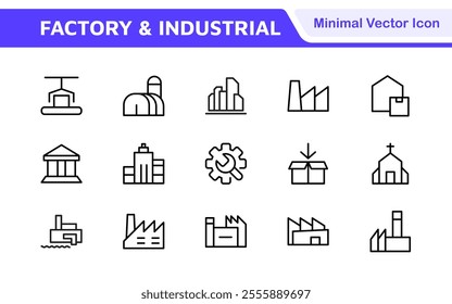 Factory Icon Set. A dynamic collection of icons representing manufacturing and industrial processes, perfect for engineering sectors to convey efficiency and innovation.