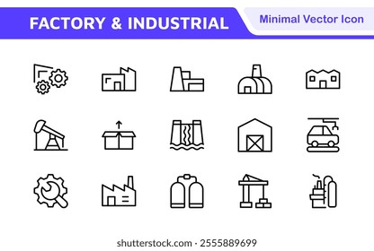 Factory Icon Set. A dynamic collection of icons representing manufacturing and industrial processes, perfect for engineering sectors to convey efficiency and innovation.