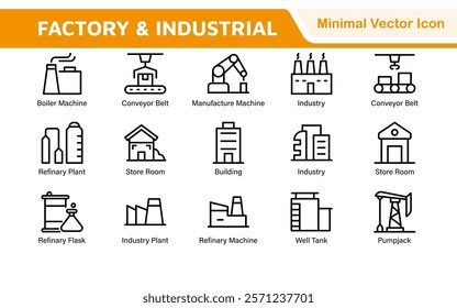 Factory Icon Set. A dynamic collection of icons representing manufacturing and industrial processes, perfect for engineering sectors to convey efficiency and innovation.