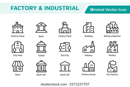 Factory Icon Set. A dynamic collection of icons representing manufacturing and industrial processes, perfect for engineering sectors to convey efficiency and innovation.