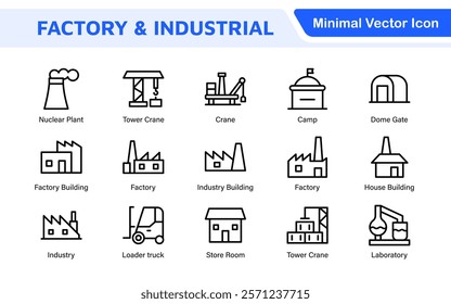 Factory Icon Set. A dynamic collection of icons representing manufacturing and industrial processes, perfect for engineering sectors to convey efficiency and innovation.