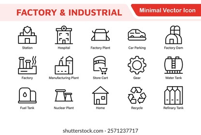 Factory Icon Set. A dynamic collection of icons representing manufacturing and industrial processes, perfect for engineering sectors to convey efficiency and innovation.