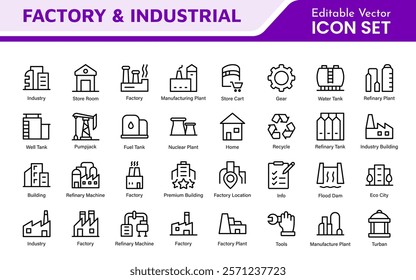 Factory Icon Set. A dynamic collection of icons representing manufacturing and industrial processes, perfect for engineering sectors to convey efficiency and innovation.