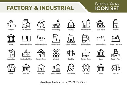 Factory Icon Set. A dynamic collection of icons representing manufacturing and industrial processes, perfect for engineering sectors to convey efficiency and innovation.