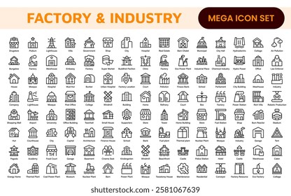 Factory Icon Set. A dynamic collection of icons representing manufacturing and industrial processes, perfect for engineering sectors to convey efficiency and innovation.