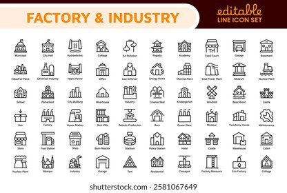 Factory Icon Set. A dynamic collection of icons representing manufacturing and industrial processes, perfect for engineering sectors to convey efficiency and innovation.