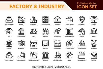 Factory Icon Set. A dynamic collection of icons representing manufacturing and industrial processes, perfect for engineering sectors to convey efficiency and innovation.