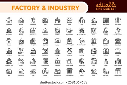 Factory Icon Set. A dynamic collection of icons representing manufacturing and industrial processes, perfect for engineering sectors to convey efficiency and innovation.