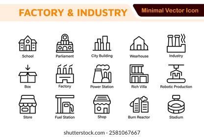 Factory Icon Set. A dynamic collection of icons representing manufacturing and industrial processes, perfect for engineering sectors to convey efficiency and innovation.