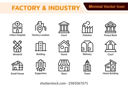 Factory Icon Set. A dynamic collection of icons representing manufacturing and industrial processes, perfect for engineering sectors to convey efficiency and innovation.