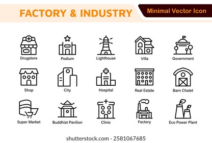 Factory Icon Set. A dynamic collection of icons representing manufacturing and industrial processes, perfect for engineering sectors to convey efficiency and innovation.