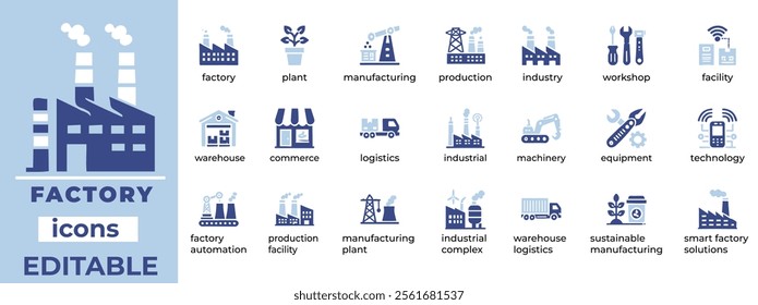 Factory Icon Set  Editable icons for automation, manufacturing, machinery, efficiency, and production
