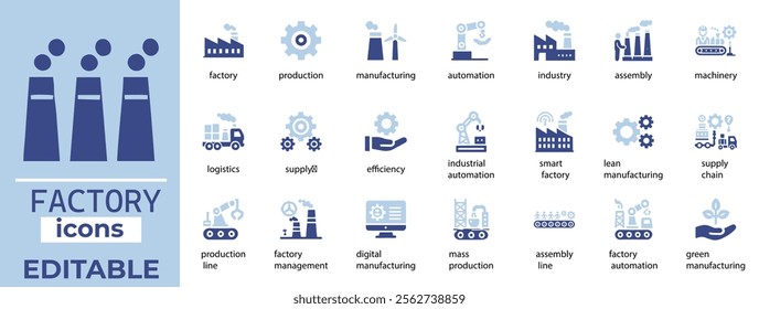 Factory Icon Set  Editable icons for automation, manufacturing, machinery, efficiency, and production