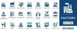 Factory Icon Set. Features editable icons for manufacturing, industry, production, assembly line, quality control, and more. Perfect for industrial, manufacturing, and business designs.