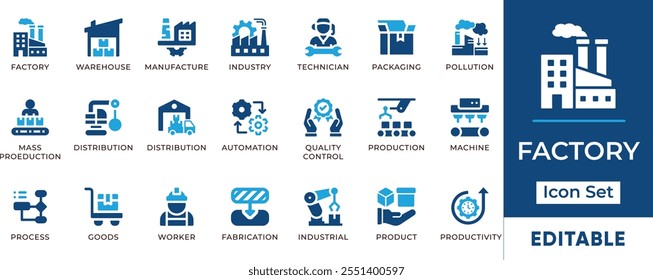 Factory Icon Set. Features editable icons for manufacturing, industry, production, assembly line, quality control, and more. Perfect for industrial, manufacturing, and business designs.