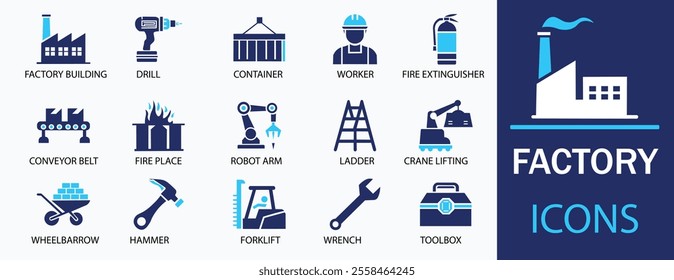 Factory icon set. Featuring detailed illustrations of production, machine, manufacture, warehouse, fabrication, goods and more. Cohesive set of scalable vector icons.